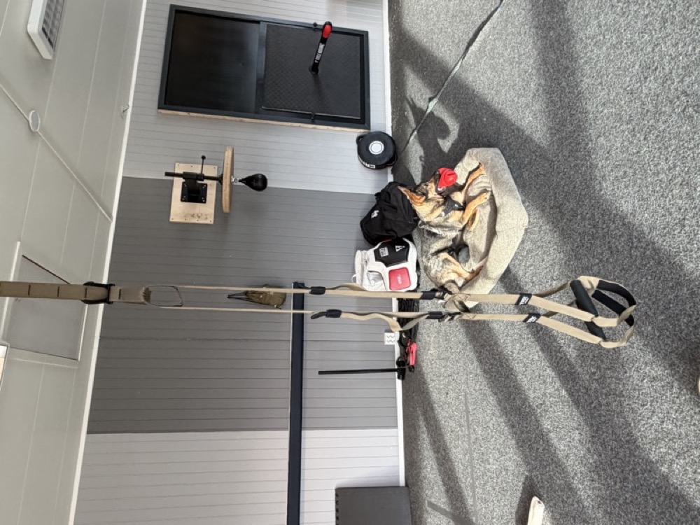 Equipment corner with TV, speed bag, TRX